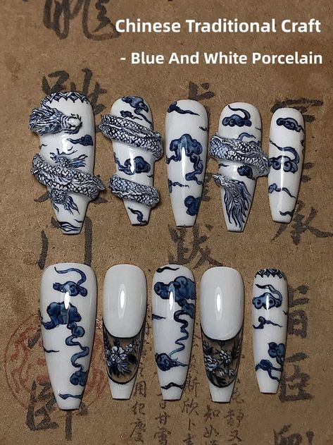 Designer : @610549699 ( Xiaohongshu ) Ceramic Nails Design, Japanese Nail Designs Kawaii, Thai Nails, Porcelain Nails, Asian Nail Art, Maquillage Yeux Cut Crease, China Nails, Asian Nails, Really Cute Nails