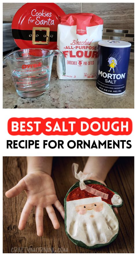 Salt Doe Ornaments Recipe, Flour Handprint Ornament, Homemade Handprint Dough, Dough Handprint Ornament, Dough Hand Ornament, Salt Dough Holiday Crafts, Diy Dough Ornaments Recipes, Salt Dough For Handprints, Flour And Salt Ornaments