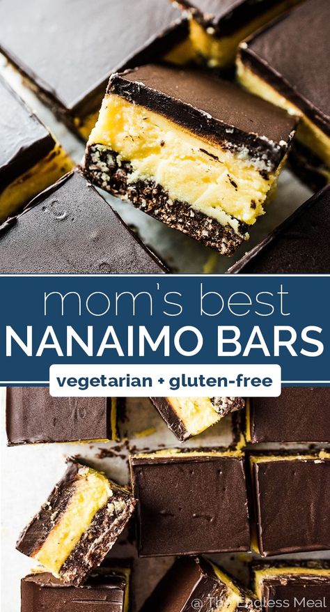 Mom's Nanaimo Bars - The Endless Meal® Christmas No Bake Treats, Nanaimo Bar Recipe, Canadian Dessert, Bars Dessert, Canadian Christmas, Walnut Crust, Delicious Holiday Desserts, International Desserts, Nanaimo Bars