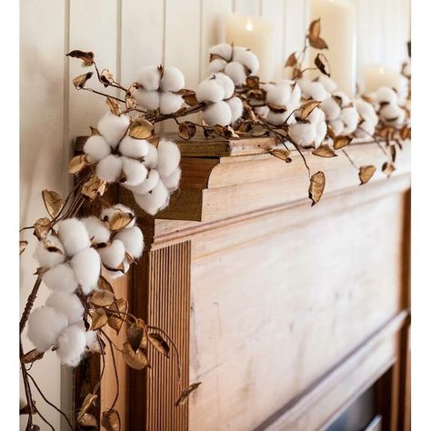 Plow & Hearth 6' Decorative Cotton Garland & Reviews | Wayfair Farmhouse Flowers, Balloon Arch Diy, Faux Stems, Table Garland, Cotton House, Fireplace Mantel Decor, Cotton Stems, Cotton Wreath, Cotton Wedding