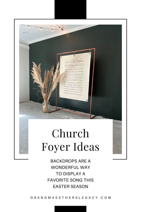 Church Green Room Ideas, Small Church Lobby Design, Church Directory Pictures, Church Alters Design, Church Backdrop Ideas, Church Foyer Decor, Church Decorations Sanctuary, Church Information Wall, Church Photo Backdrop