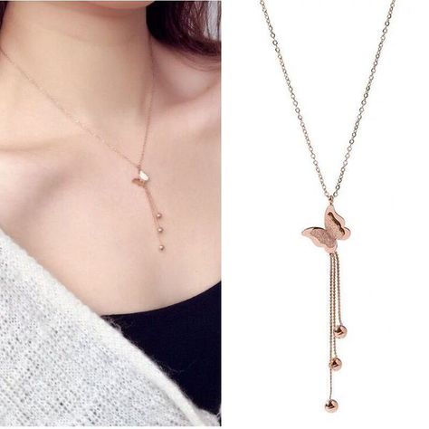 Exquisite Korean fashion titanium steel temperament necklace simple butterfly tassel necklace NHSC194571 Kalung Liontin Simple, Kalung Korean Style, Korean Jewelry Necklaces, Korean Jewellery, Korean Necklace, Korean Accessories, Simple Butterfly, Pretty Jewelry Necklaces, Pendant Necklace Simple