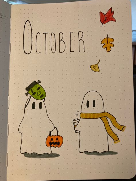 Cute October Drawings, October Month Journal, Halloween Borders Bullet Journal, October Doodles Easy, October Bulletin Journal Ideas, Ghost Bullet Journal, Bujo October Theme, October Journal Cover, Fall Bullet Journal Cover