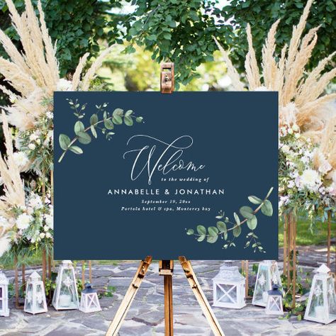 $44.2 | Navy blue elegant eucalyptus welcome decor wedding - wedding, modern, botanical, script, eucalyptus, sage green, garden party, wedding poster, navy blue, welcome sign Sage Green Garden Party, Green Garden Party, Blue Welcome Sign, Cooper Wedding, Wedding Foam Board, Green Wedding Decorations, Dark Blue Wedding, Minimal Typography, Wedding Poster