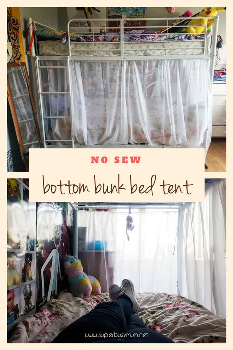 A simple no-sew bottom bunk bed tent! https://superbusymum.net/a-simple-no-sew-bottom-bunk-bed-tent/ Bottom Bunk Bed Decorating Ideas, Bottom Bunk Ideas, Loft Bed Curtains Diy, Bunk Bed Curtains Diy, Bunk Bed Curtain Ideas, Bottom Bunk Curtain, Bunk Bed Fort, Bunkbed Ideas, Bunk Bed Curtain