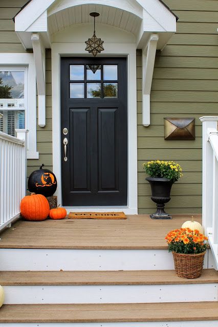 Sixty-Fifth Avenue Black Door Green House, Green House With Black Door, Green House Black Door, Houses With Black Doors, Sage Green House, Green Exterior House Colors, Green House Exterior, Green Siding, Exterior House Paint Color Combinations