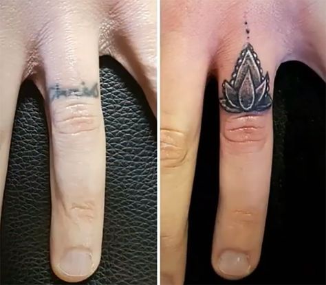 Ring Finger Tats For Women, Ring Tattoo Cover Up, Ring Finger Flower Tattoo, Cover Finger Tattoo, Ring Cover Up Tattoo, Cover Up Ring Finger Tattoos, Black Out Finger Tattoo, Ring Finger Cover Up Tattoo, Coverup Finger Tattoo