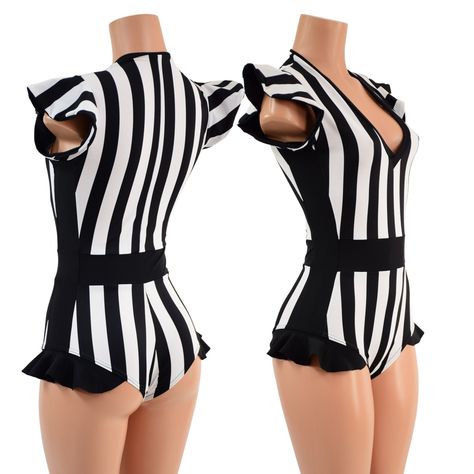 "This bodysuit is made from our Black and White Striped Spandex. The contrasting waistband, neckline trim, side panels, and hip ruffles are smooth black spandex. This hot little number is a real stunner, with a cheeky Siren leg cut, V neck, and four way stretch fit. This item is made to order. Ships out within 5 days of purchase. Womens Sizing (See below for instructions on where measurements should be taken) XXS: Bust 29\"-30\" / Waist 22\"-23\" / Hips 30\"-32\" Extra Small: Bust 31\"-32\" / Wa Outfit Korean, Pretty Lingerie, Olive Branch, Goth Outfits, Cool Costumes, Side Panels, Art Clothes, Rompers Women, Dance Costumes