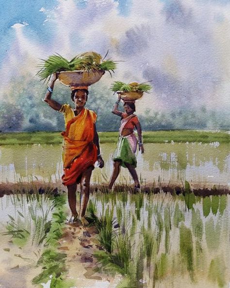 Village Scene Drawing, Farmer Painting, Village Drawing, Watercolor Indian, Watercolor Scenery, Composition Painting, Human Figure Sketches, Watercolor Paintings Nature, Watercolor Art Landscape