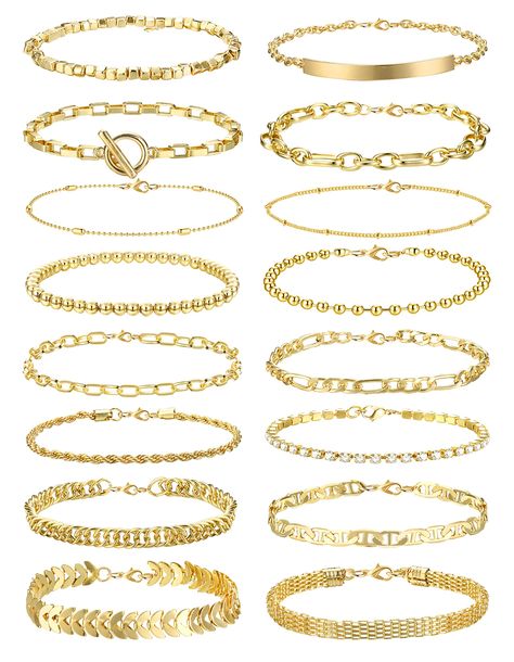 PRICES MAY VARY. 【Suitable for Sensitive Skin】: High-quality 14k gold-plated women's bracelet will not make your wrist green, durable, free of lead and nickel, hypoallergenic, suitable for sensitive skin. 【Gold Bracelet Set】: An order includes 16 pcs Stacked Beaded Bracelets: CZ Tennis Bracelet, Figaro Bracelet, Paper Clip Bracelet, Twist Chain, etc. Different styles will match your different clothes perfectly! Suitable for people of all ages, these bracelets will keep you fashionable and charmi Gold Chain Bracelet For Women, Bracelets Dainty, Stacked Beaded Bracelets, Gold Arm Band, Chain Bracelet For Women, Bracelet Sets, Gold Chain Bracelet, Gold Bracelet Set, Stackable Bracelets