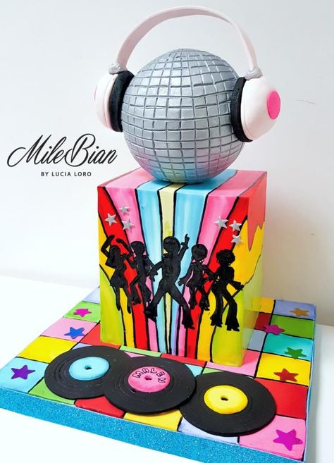 Handpainted Disco Party  by MileBian Festa Rock Roll, Disco Cake, 70s Party Theme, Music Cakes, Barrel Cake, Dance Party Birthday, Disco Birthday Party, Disco Theme, 70s Party