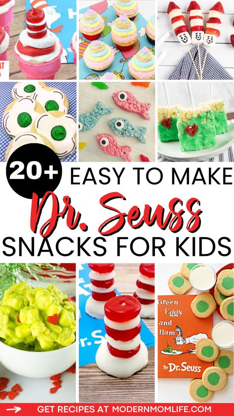 Whisk your little ones away to the whimsical world of Dr. Seuss with these 25 easy snack ideas! From Green Eggs & Ham Pretzel Buttons to Grinch Fruit Kebabs, these snacks are not only delicious but also a feast for the eyes. Perfect for themed parties, school events or a fun-filled afternoon at home, these recipes will inspire creativity in the kitchen. #DrSeuss #DrSeussParty #DrSeussRecipes Dr Seuss Snack Ideas, Green Eggs And Ham Snack, Cat In The Hat Snacks, Dr Seuss Crafts For Kids, Dr Seuss Food, Pretzel Buttons, Dr Seuss Treats, Unique Holiday Treats, Grinch Fruit