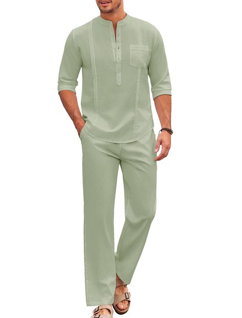 PRICES MAY VARY. [Premium Fabric]Men cuban guayabera outfits are made of great fabric, comfortable, breathable and lightweight, keeps you feeling cool and relaxed. The two piece outfits signals the start of holiday! [Fashion Guayabera Set] Men's 2 piece cotton linen set is a combo of henley shirt and elastic waist pants, featuring band collar, 5 buttons, chest pocket,cuban style,long sleeve, elastic waist with drawstring, two side pockets. It's not only a combo, the shirt and the pant can be als 2piece Linen Outfit, Men Two Piece Outfit Summer, Mens Beach Fashion, Men’s Clothing Beach, Linen Set Men, Men’s Beach Resort Wear, Men’s Two Piece Casual, Summer Outfits For Guys, Men’s Tropical Fashion