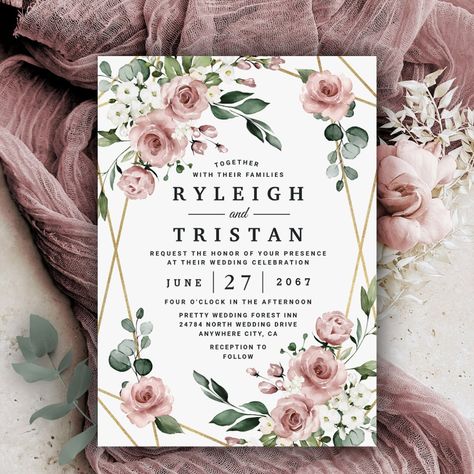 Dusty Rose Pink and Gold Floral Greenery Wedding Invitation Sage And Dusty Rose Wedding, Dusty Rose And Sage Green Wedding Theme, Dusty Pink Wedding Theme, Sage Eucalyptus, 3d Templates, Nice Makeup, Wedding Products, Floral Greenery, Dusty Rose Wedding