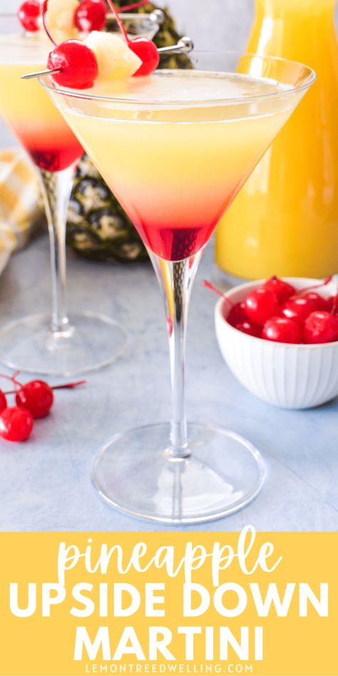 Upside Down Pineapple Cake Drink, Upside Down Pineapple Martini, Flavored Lemon Drop Martini, Pineapple Upside Down Mimosa, Light Martini Recipes, Good Martini Recipes, Pineapple Upside Down Cake Cocktail, Pineapple Upside Down Cake Martini, Pineapple Upside Down Cocktail