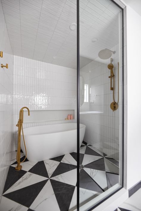 bathroom design, white subway tile, brass fixtures, black and white floor tile, niche design, black and white bathroom, bathroom renovation, freestanding tub, floating tub, wet room design Vertical Stacked Shower Tile, Bathroom With Black And White Tile Floor, Room Bathroom Design, Parents Bathroom, Black And White Bathroom Floor, Wet Room Bathroom, Black And White Tile, Cottagecore Home Decor, Single Wide Mobile Homes