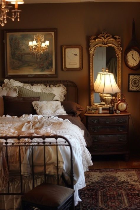 Refreshing your bedroom can make it stylish and cozy. Simple changes like new colors, updated bedding, and furniture can greatly impact. Brown Room Walls Bedrooms, Old Fashion Bedroom, Cozy Brown Bedroom, Antique Room Aesthetic, Light Academia Bedroom, Vintage Bedroom Aesthetic, Antique Decor Bedroom, Antique Room Decor, Bedroom Brown