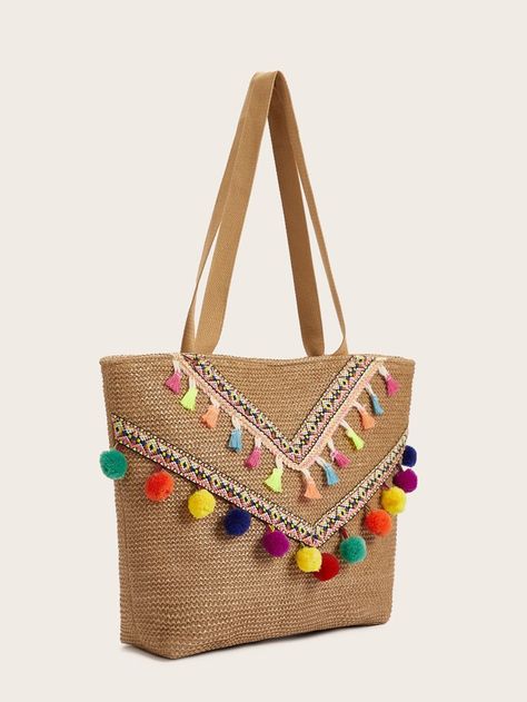 Pompom & Tassel Decor Tote Bag | SHEIN Pompom Tassel, Canvas Grocery Bag, Boho Tote Bag, Tassel Decor, Boho Tote, Tassels Decor, Diy Tote Bag, Shoulder Tote Bag, Style Boho