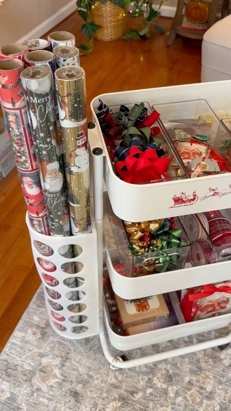 Gift Wrap Cart Diy, Gift Wrap Display Retail, Wrapping Paper Cart, Christmas Wrapping Station, Gift Wrap Storage Ideas, Gift Wrapping Closet, Gift Wrapping Cart, Wrapping Station Ideas, Gift Wrap Cart