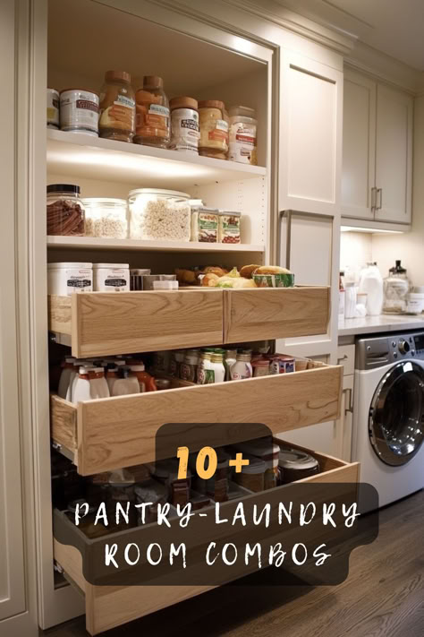 Need more functionality in your home? These 10 pantry-laundry room combo ideas create a seamless blend of storage and utility, perfect for small or large spaces. 🧺✨🍽️ #SpaceSavingDesign #PantryLaundryRoom #HomeOrganization #FunctionalSpaces #SmartStorageIdeas #LaundryRoomInspo #HomeDesignGoals Small Butlers Pantry With Laundry, Pantry Utility Room Combo Storage, Pantry In Utility Room, Laundry Area Storage Ideas, Laundry Steaming Station, Office In Utility Room, Laundry Butler Pantry Combo, Mudroom With Pantry Storage, Combination Laundry And Pantry