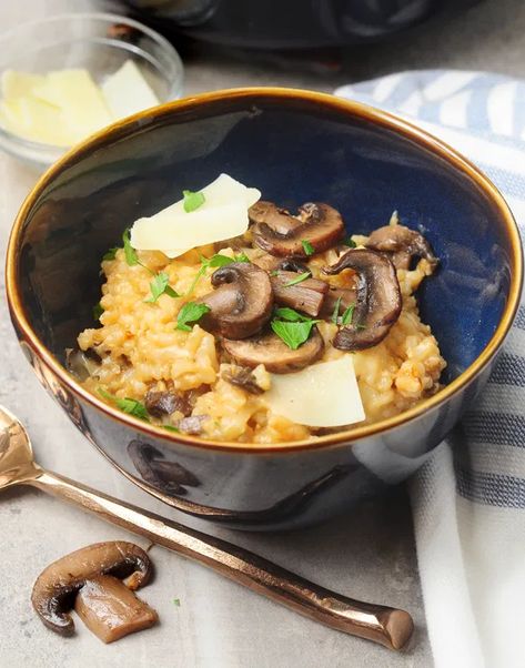 Mushroom Parmesan Baked Brown Rice Risotto - Alison's Allspice Risotto Mushroom, Brown Rice Risotto, Umami Paste, Mushroom Parmesan, Baked Brown Rice, Short Grain Brown Rice, Rice Risotto, Mushroom Dish, Wild Mushroom