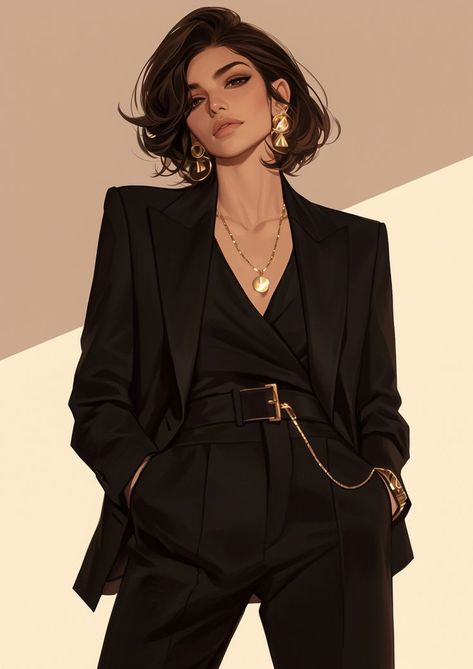 Woman In Suit Art, Female Scientist Character Design, 2k Instagram Followers, Long Beautiful Hair, Ladies Trouser Suits, Female Detective, Huge Hair, Gender Fluid Fashion, Classy Outfits For Women