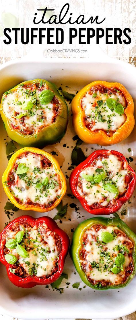 Italian Stuffed Peppers Recipe, Italian Stuffed Bell Peppers, Baked Stuffed Peppers, Italian Stuffed Peppers, Carlsbad Cravings, Peppers Recipes, Entree Recipes, Crushed Tomatoes, Bell Peppers