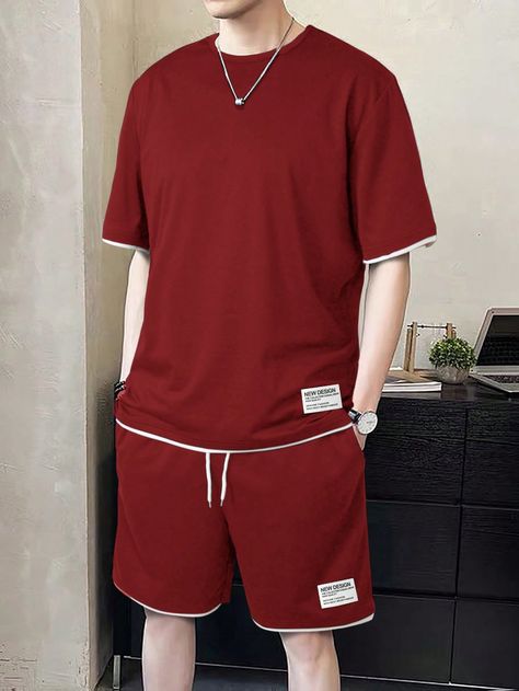 Burgundy Casual Collar Short Sleeve  Letter  Embellished Slight Stretch  Men Clothing Male Attire, Short Pants Outfit, African Shirts For Men, Hype Clothing, T Shirt Design Template, Men Fashion Casual Shirts, Cute Couple Outfits, Drawstring Waist Shorts, African Shirts