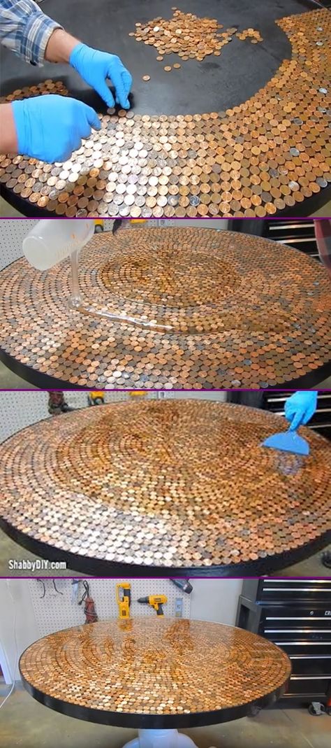 DIY Penny Table Top Project Tutorial Video - Glaze Coated   #Furniture, #Makeover Diy Table Top Ideas, Penny Table Top, Penny Table Tops, Table Top Ideas, Penny Table, Penny Floor, Vintage Upcycling, Resin Table Top, Diy Table Top