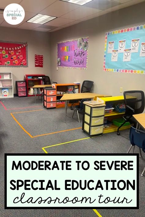 Classroom Desk Arrangement Special Education, Organizing Worksheets Classroom, Classroom Stations Setup, Special Need Classroom Ideas, Self Contained Room Set Up, Preschool Administration Office, Low Incidence Classroom Setup, Classroom Sensory Area, Small Space Classroom Ideas