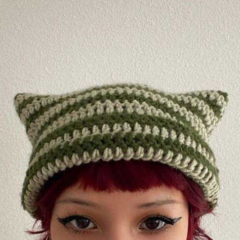 serenzs on Instagram: “sage/forest striped cat beanie -sold -there was literally eyeliner in my eyeball while I took this photo, u can see the eyeliner on my…” Striped Cat Beanie, Pola Kupluk, Cat Hat Beanie, Sage Forest, Crochet Cat Beanie, Crochet Cat Hat, Photo U, Cat Beanie, Striped Cat