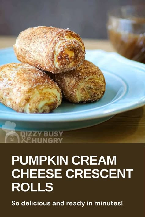 Sweet and perfect for fall, these Pumpkin Cream Cheese Crescent Rolls are an excellent dessert for beginner bakers. They’re ready in minutes and only need a few ingredients, so there’s very little time and effort required! Fans of pumpkin pie will love these light and flaky pastries. Add a tasty cinnamon sugar for some extra flavor and pizzazz! Pumpkin Cream Cheese Roll, Crescent Roll Recipes Dessert, Crescent Roll Dessert, Cream Cheese Crescent Rolls, Cheese Crescent Rolls, Pumpkin Cream Cheese, Pumpkin Recipes Easy, Cream Cheese Desserts, Pumpkin Cinnamon Rolls