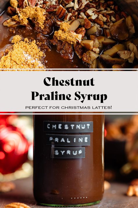 Homemade Holiday Coffee Syrup, Homemade Christmas Coffee Syrup, Pecan Praline Syrup Recipe, Maple Pecan Coffee Syrup, Christmas Coffee Syrup Recipe, Fall Syrup For Coffee, Winter Coffee Syrup, Chestnut Praline Syrup Recipe, Coffee Syrups Recipes