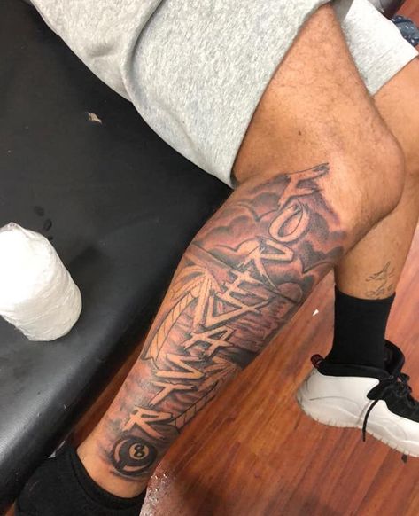 Chosen 1 Tattoo Men, Black Men Leg Tattoos, Leg Tattoo Men Sleeve, Calf Sleeve Tattoo Men, Leg Tats Men, Leg Tattoos Men, Tattoo Ideas For Black Men, Calf Sleeve Tattoo, Arm Tattoos Lettering