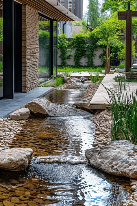 22 Innovative Backyard Stream Ideas (With Pictures) Landscape With Water Feature, Stream Pond Ideas, Courtyard Pond Ideas, River Water Feature, Man Made Stream In Yard, Stream In Backyard, Water In The Garden, Water In Garden, Unique Water Features