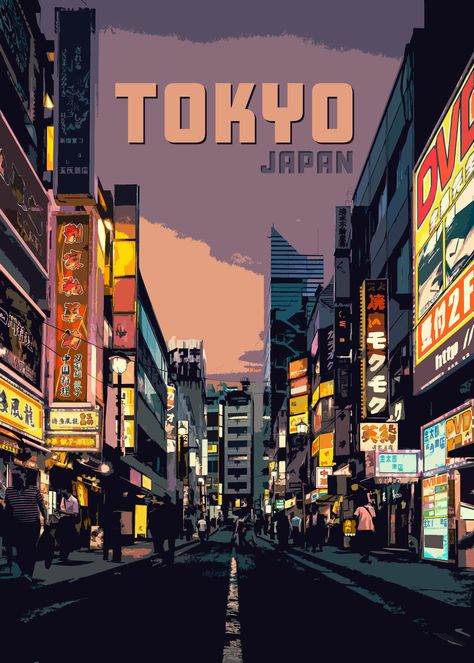 Kyoto Poster, Patches Ideas, Japan 80's Aesthetic, Tokyo Poster, Cityscape Drawing, Tokyo Aesthetic, Japan Graphic Design, Japan Poster, Cityscape Wallpaper