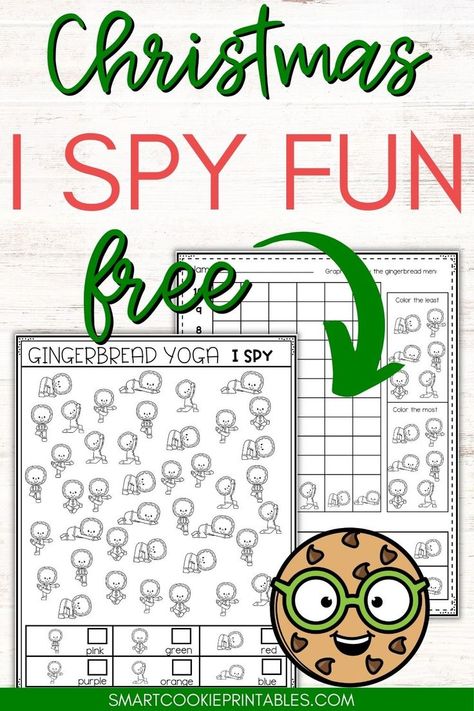 Gingerbread Man I Spy Printables and Graphing Worksheet for Kindergarten Gingerbread Math, I Spy Printable, Free Kindergarten Printables, Man Yoga, Kindergarten Math Free, Wedding Coloring Pages, Abc Tracing, Month Of December, I Spy Games