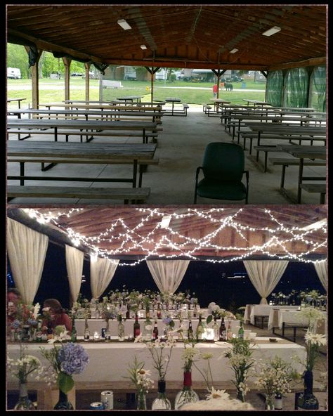 If need to do an outdoor pavilion Outside Pavilion Wedding, Pavilion Reception Decorations, Decorating Pavilion For Wedding, Picnic Table Wedding Ceremony, Picnic Pavilion Wedding, Shelter House Wedding Reception, Picnic Pavilion Decorations, Pavillion Decorations Park, Shelter House Wedding