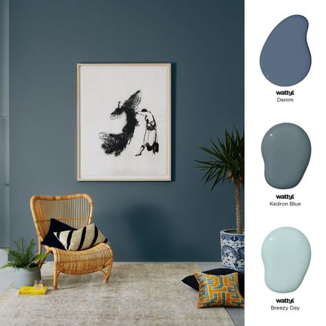 Wattyl-Denim-Kedron-Blue-and-Breezy-Day-blue-paint-color-scheme Wattyl Paint Colour Interior, Denim Blue Paint, Blue Kitchen Interior, Navy Blue Kitchen Cabinets, Kitchen Cabinet Interior, Fine Paints Of Europe, Blue Painted Walls, Eclectic Dining, Round Furniture