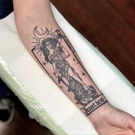 Woman Of Justice Tattoo, Big Libra Tattoo Ideas For Women, Themis Tattoo Design, Justice Tarot Tattoo, Themis Goddess Tattoo, Justice Tattoo For Women, Justice Tarot Card Tattoo, Goddess Of Justice Tattoo, Lady Justice Tattoo Design