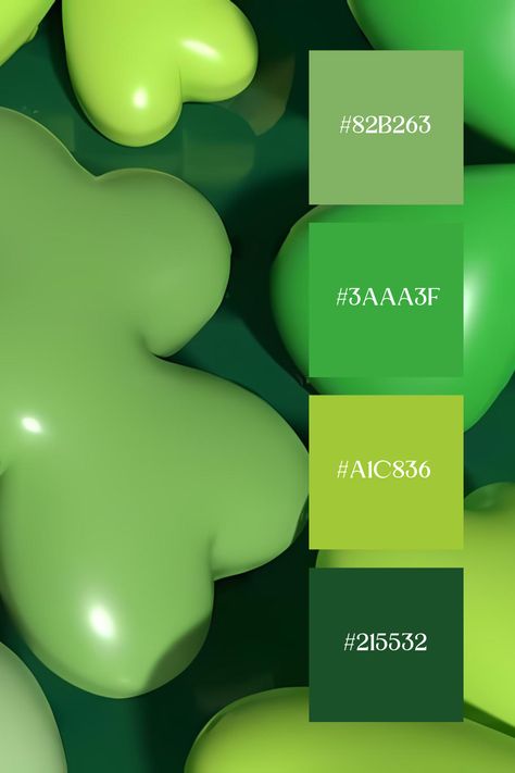 A playful image showcasing various shades of green shamrock leaves, with a glossy, almost plastic-like texture. The different green hues range from light lime to deep forest green, highlighting the diversity of the leaves Palette Green, Deep Forest Green, Aesthetic Color, Green Shamrock, Color Palette Bright, Green Colour Palette, Green Hues, Color Harmony, Deep Forest