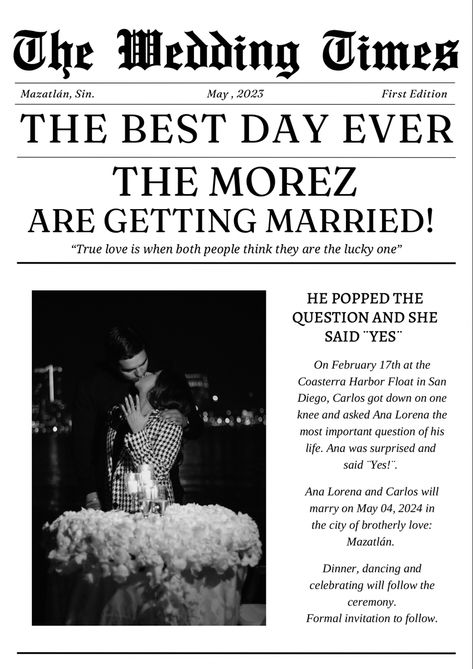 #savethedate #newspaper #savethedateideas #wedding #weddinginvitations #engagement #propousal Wedding Announcement Newspaper, The Wedding Times Newspaper, The Wedding Post Newspaper, Wedding Times Newspaper, Engagement Newspaper, Engagement Reveal, Newspaper Wedding Invitations, Wedding Times, Bride To Be Decorations