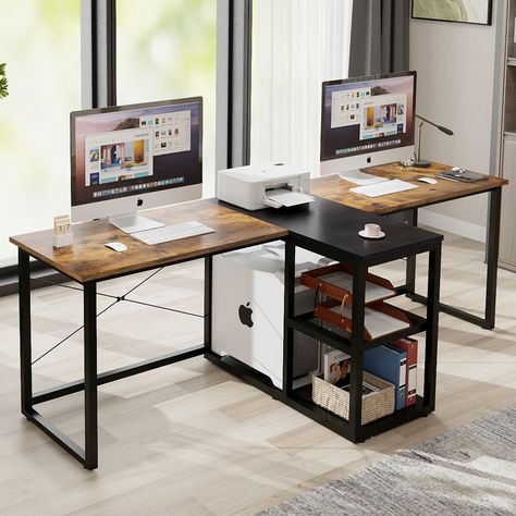 PRICES MAY VARY. [Two Person Workstation Desk]: This 92.5’’ double computer desk accommodates two people perfectly, offering a spacious and modern side-by-side workspace, great for organizing and sharing work space with your partner, workmate or family. At the same time the center storage stand can provide independent space to prevent distractions. [PC Case Stand for 2 People]: The inner shelf of the two person table is specially designed as CPU stand,with spacious space to hold 2 CPU host.The h Heat Press Table, Double Home Office, Desk For Two People, Double Computer Desk, Long Computer Desk, Pilot School, Desk Retro, Computer Workstation Desk, Bedroom Office Combo