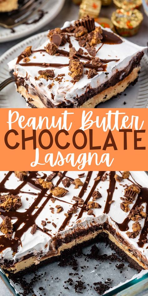 Peanut Butter Chocolate Lasagna is a no bake dessert that's layered with Oreo crust, peanut butter cheesecake, chocolate pudding and tons of peanut butter flavor. No Bake Chocolate Peanut Butter Lasagna, Peanut Butter Chocolate Lasagna, Peanut Butter Chocolate Desserts, Lasagna Desserts, Chocolate Lasagne, Chocolate Lasagna Dessert, Icebox Pies, Pudding Desserts Layered, Peanut Butter Lasagna