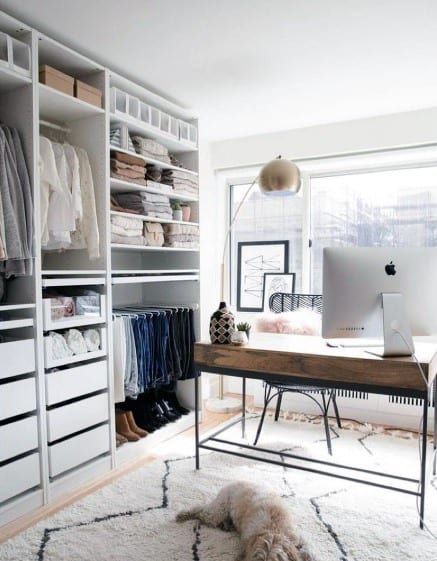 Closet Office Ideas Small, Closet And Office Combo, Home Office Closet, Ikea Closet, Small Workspace, Walk In Closet Design, Closet Office, Open Closet, Closet Layout