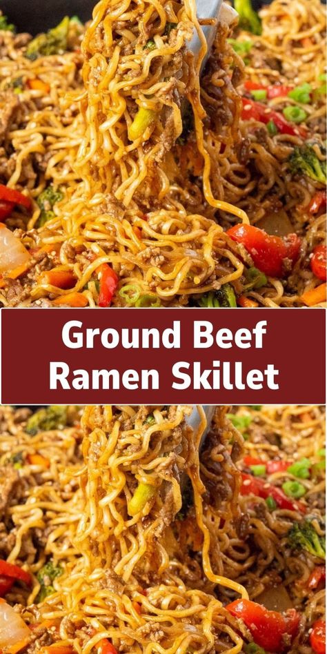 Ground Beef Ramen Skillet Ground Beef Ramen, Ramen Packet, Ramen Skillet, Beef Ramen Recipe, Beef Ramen Noodle Recipes, Ramen Noodle Recipes Easy, Ramen Dinner, Beef Ramen, Ramen Recipes Easy