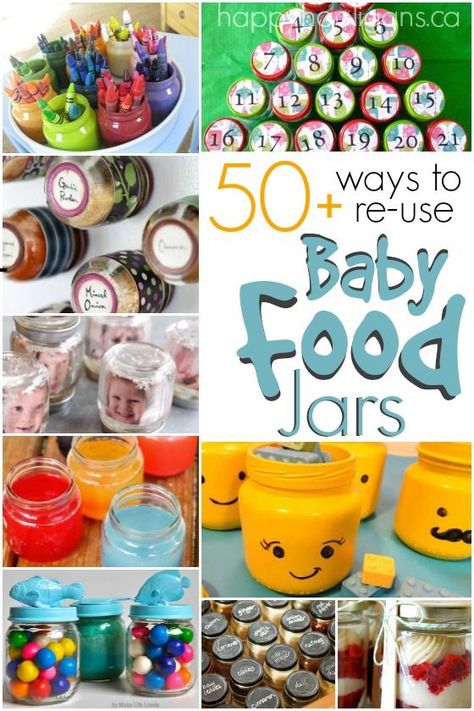 50+ Ways to Re Use Baby Food Jars in the home, craft room, workshop, classroom and garden!  Awesome crafts, great gift ideas and super-handy ways to make use of all those empty baby food jars you've been hanging onto! - Happy Hooligans Reuse Baby Food Jars, Baby Jar Crafts, Baby Food Jars Diy, Baby Jars, Baby Food Jar Crafts, Diy Baby Food, Happy Hooligans, Baby Food Containers, Food Jars