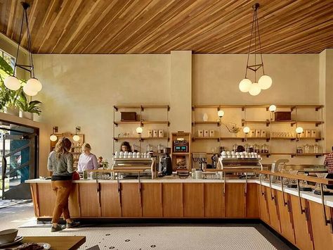 Cafe Lighting Ideas, Warehouse Cafe, San Francisco Cafe, Bridges Architecture, Coffee Interior, Architecture Restaurant, Cafe Lighting, Wood Cafe, Interior Design Blogs