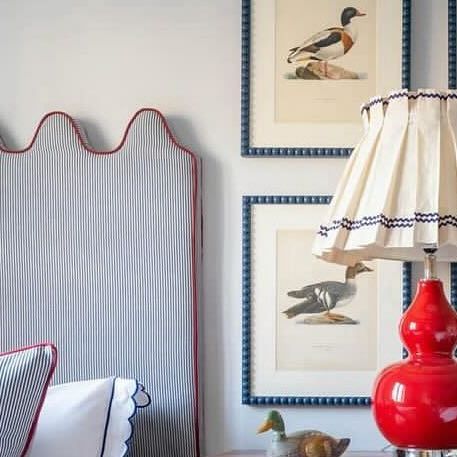 Heather Chadduck Hillegas on Instagram: "A little red, white and blue for the weekend!  Love this pair from my pal across the pond @seansymington ! ❤️🤍💙 #happy4thofjuly🇺🇸 #twinbedsummerseries" Blue Striped Headboard, Red White And Blue Interiors, Blue Bedroom Red Accents, Americana Room Aesthetic, Gingham Headboard, Blue Red Bedroom, Blue And Red Bedroom, Red Blue Bedroom, Red And Blue Bedroom