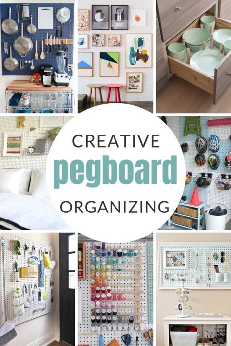 Creative Pegboard Organizing Ideas: Pegboards have infinitely creative uses well beyond your garage. Solve your organizing problems with these 12 genius pegboard organizing ideas for all areas of your house. Pegboard Office Ideas, Pegboard Headboard, Pegboard Kitchen, Ikea Pegboard, Pegboard Garage, Pegboard Storage, Mobile Home Makeover, Cheap Organization, Pegboard Organization